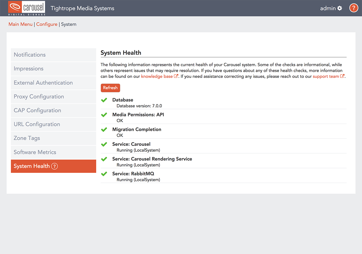 Carousel Digital Signage System Settings System Health Checks
